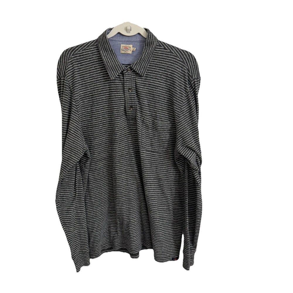 Faherty Polo Shirt Mens XL Gray White Stripe Long Sleeve Organic Cotton Collared